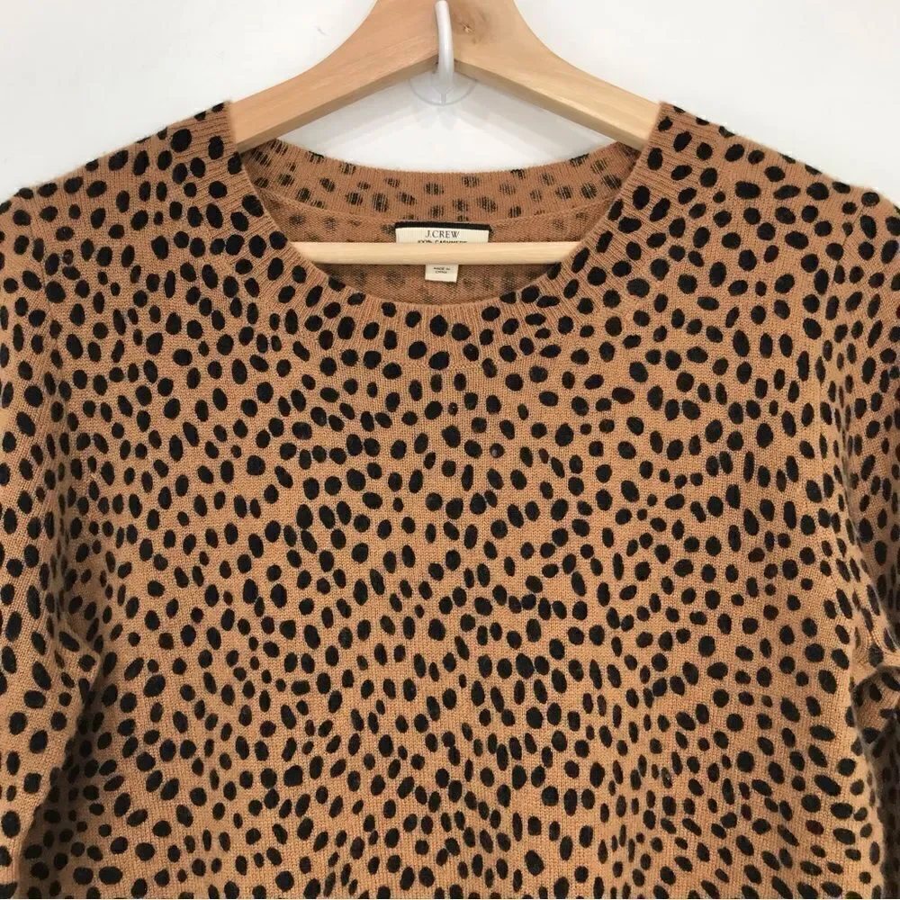 J. Crew LAYLA Camel Tan Black Dot Animal Print 100% Cashmere Crew Neck Sweater